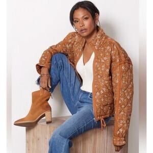 Blank NYC XS Quilted Mustard Floral Short Full Zip Bomber Jacket Oversized